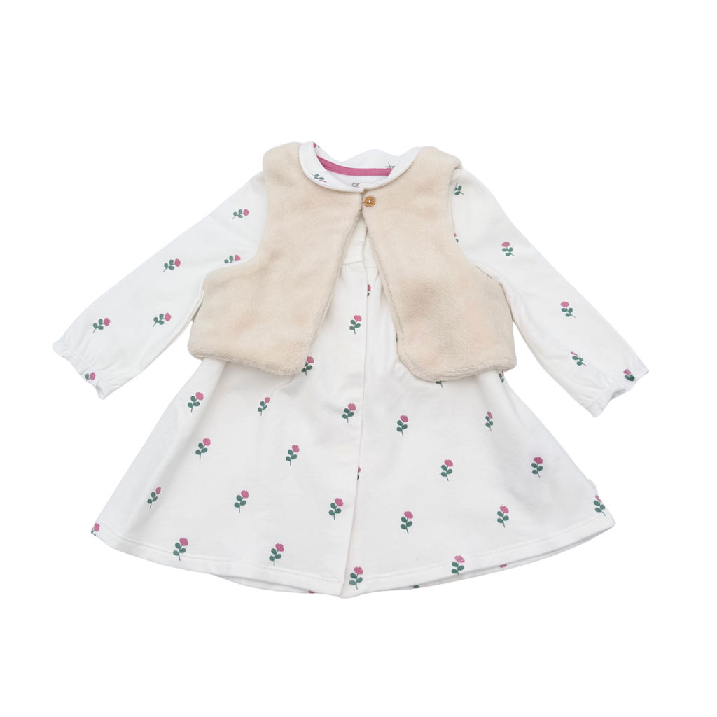 Ensemble bébé robe écrue fleurie et gilet sans manches - 9 mois