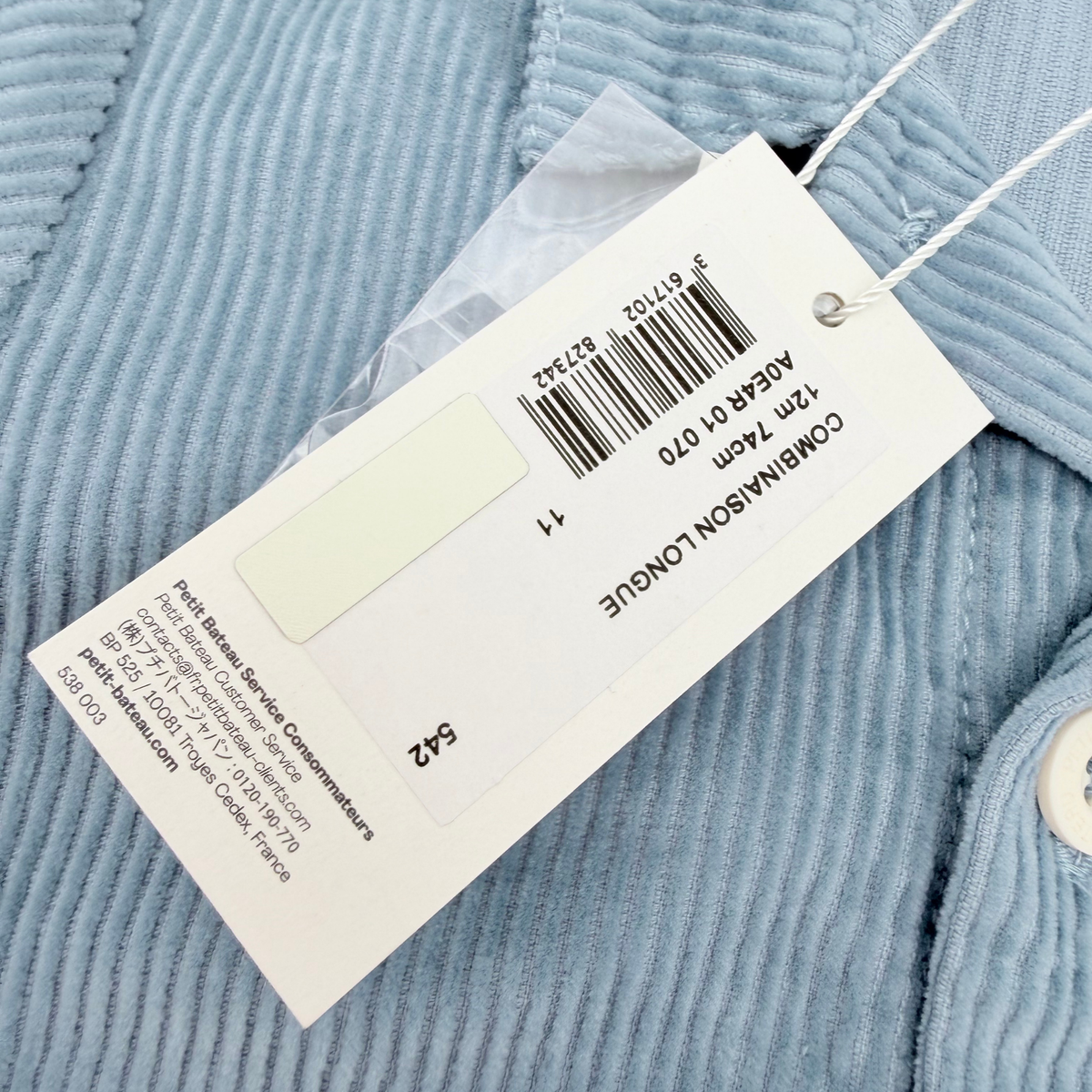 Combinaison bébé en velours côtelé bleu - 12 mois