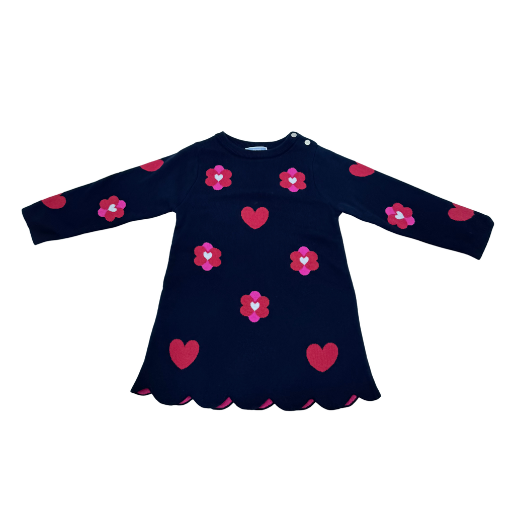 Robe bébé bleu marine en maille à fleurs et cœurs - 24 mois