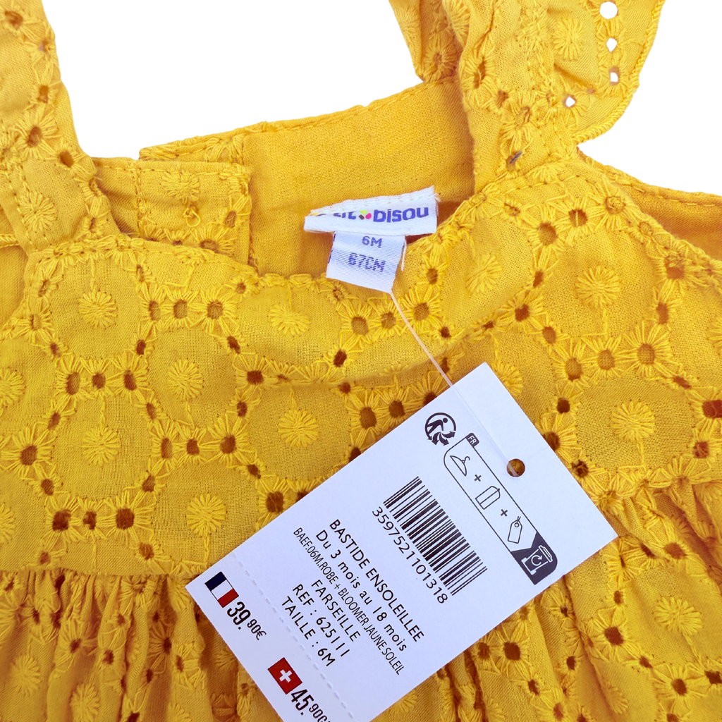 Ensemble robe broderie anglaise moutarde et bloomer - 6 mois