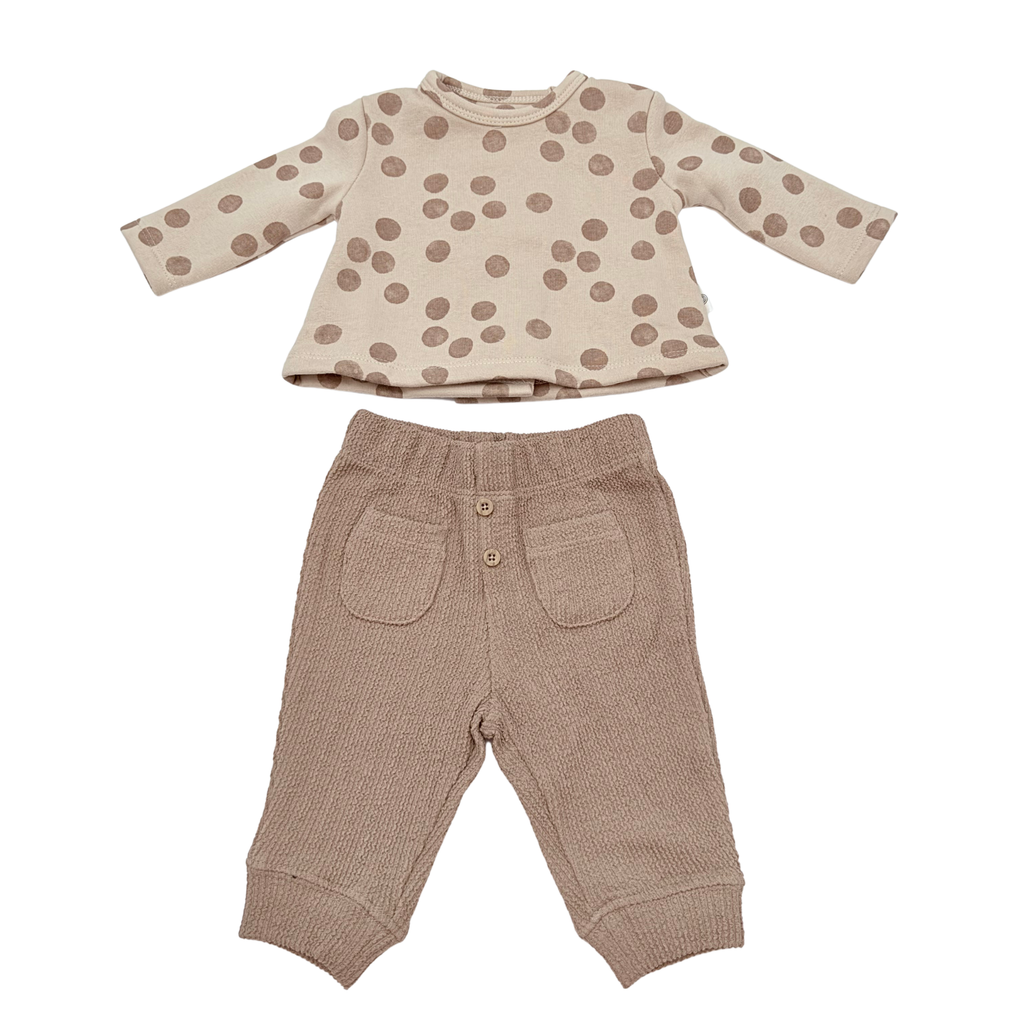 Ensemble beige à pois marron et pantalon - 1 mois