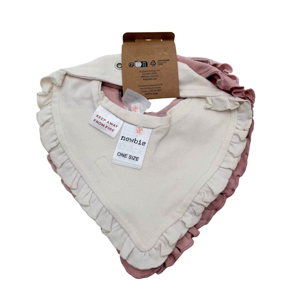 Lot de 2 bavoirs bandana à volants rose et écru en coton bio