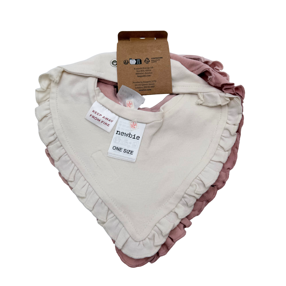Lot de 2 bavoirs bandana à volants rose et écru en coton bio