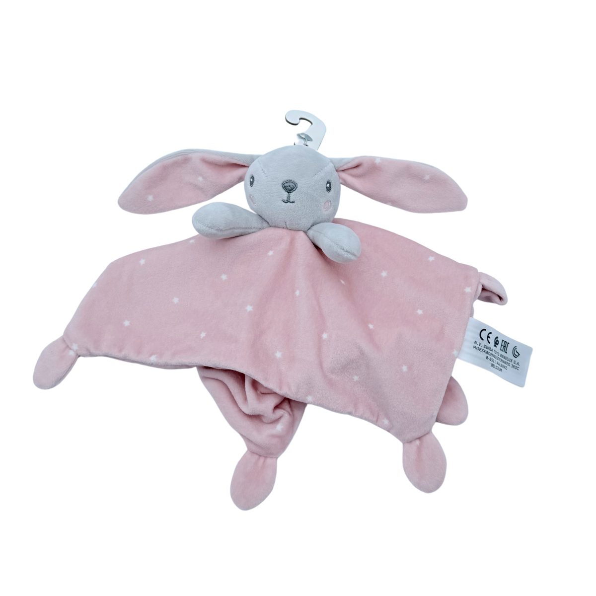 Doudou plat lapin rose et gris à étoiles