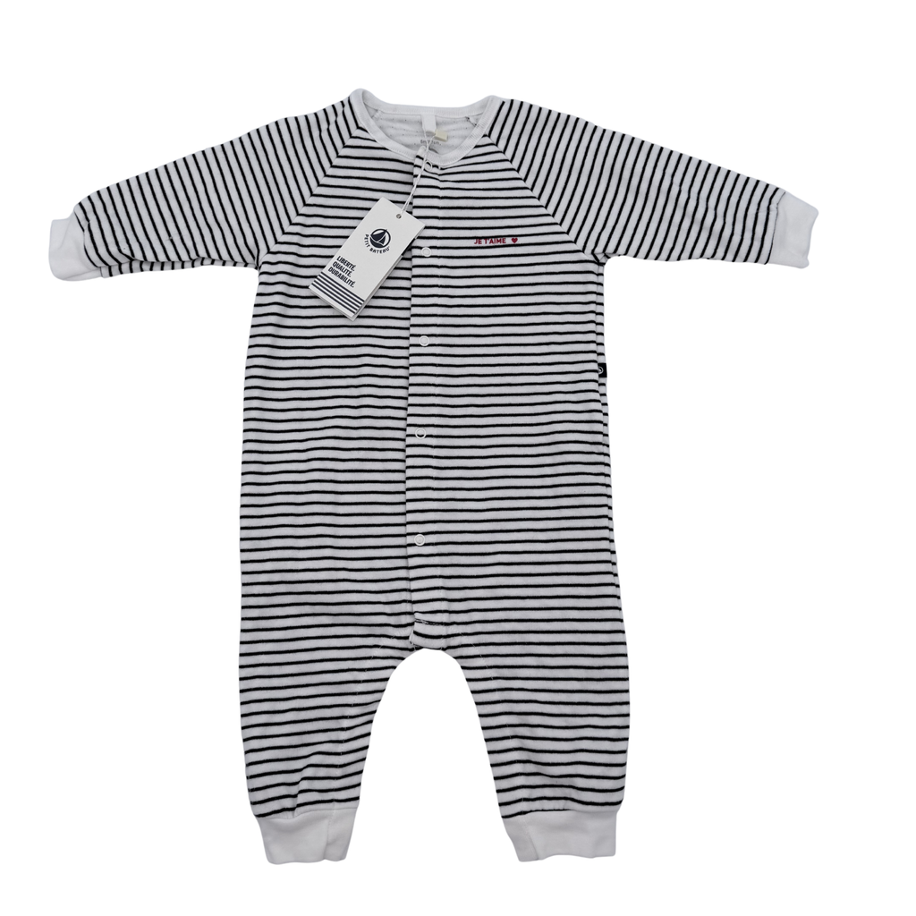Combinaison rayée noir et blanc “Je t’aime” — 6 mois