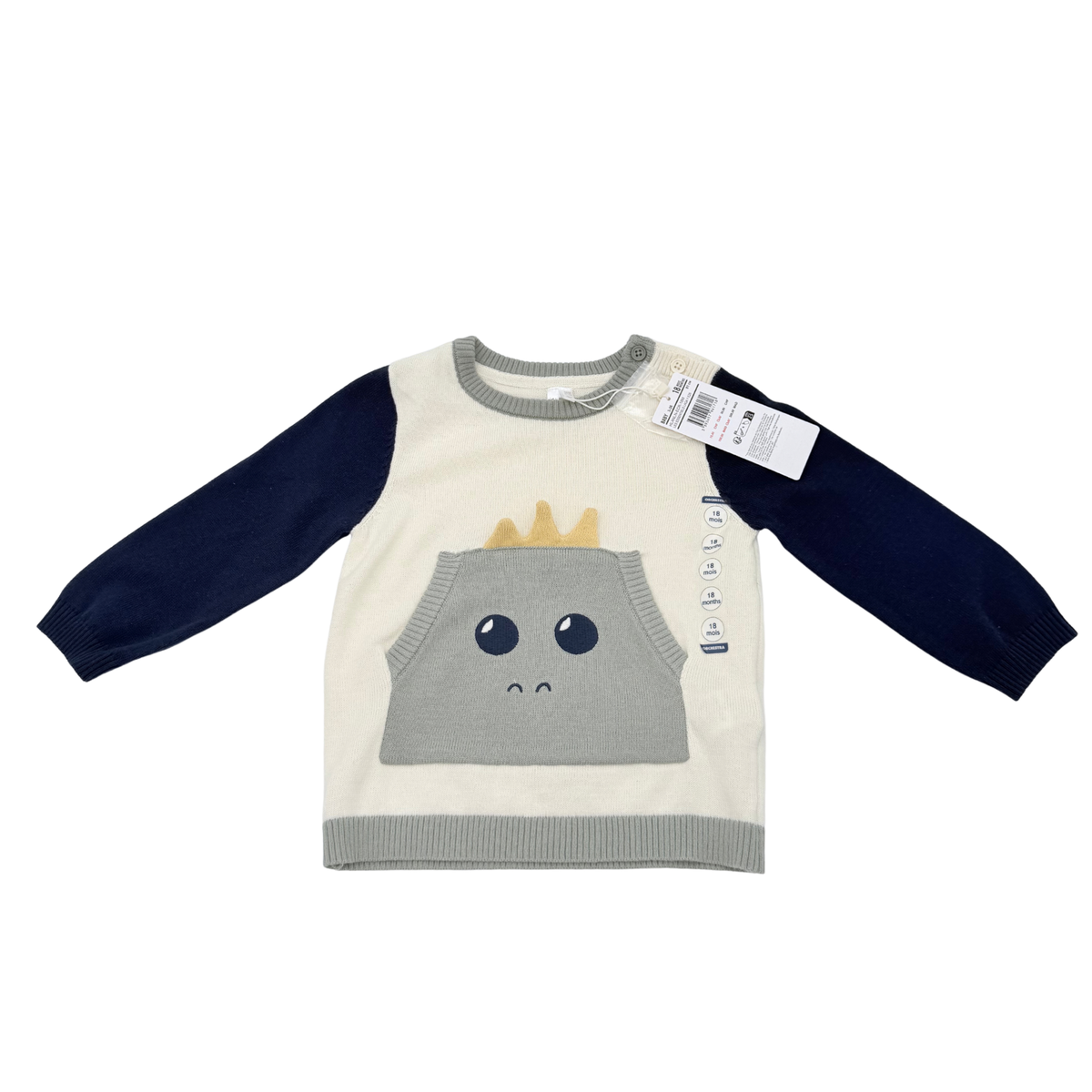 Pull bébé écru, gris et bleu marine doublé chaud - 18 mois