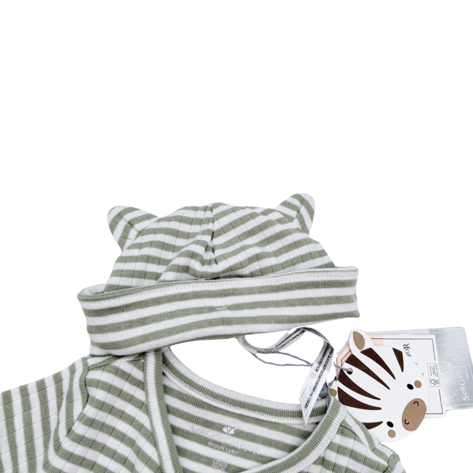 Ensemble naissance cache-cœur rayé & bonnet assorti — 3 mois
