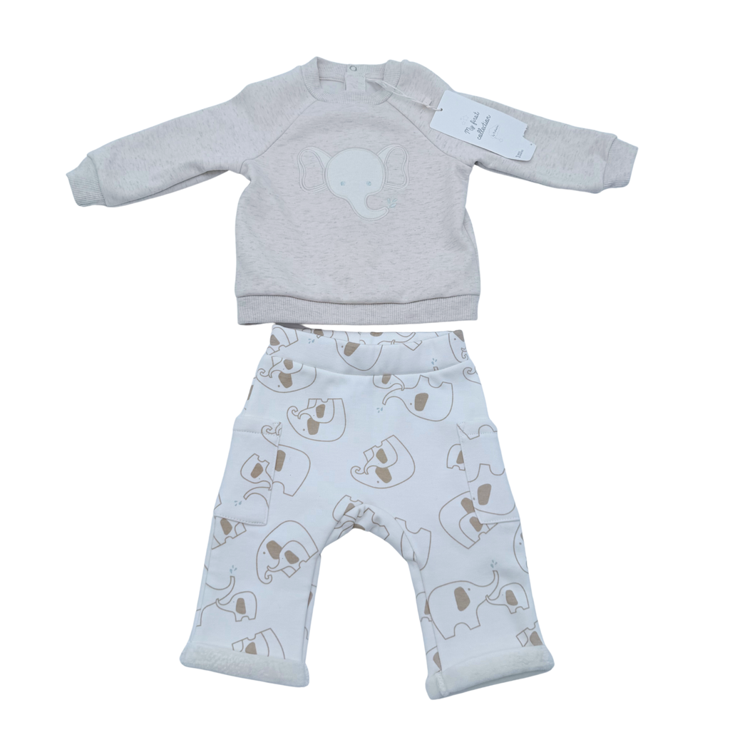 Ensemble bébé deux pièces écru motif éléphants - 3 mois
