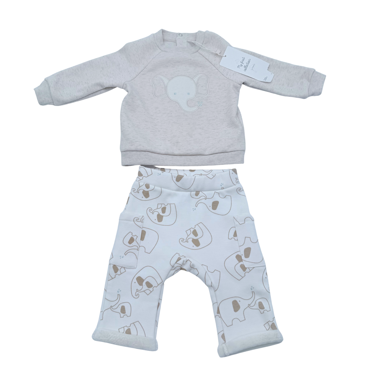 Ensemble bébé deux pièces écru motif éléphants - 3 mois