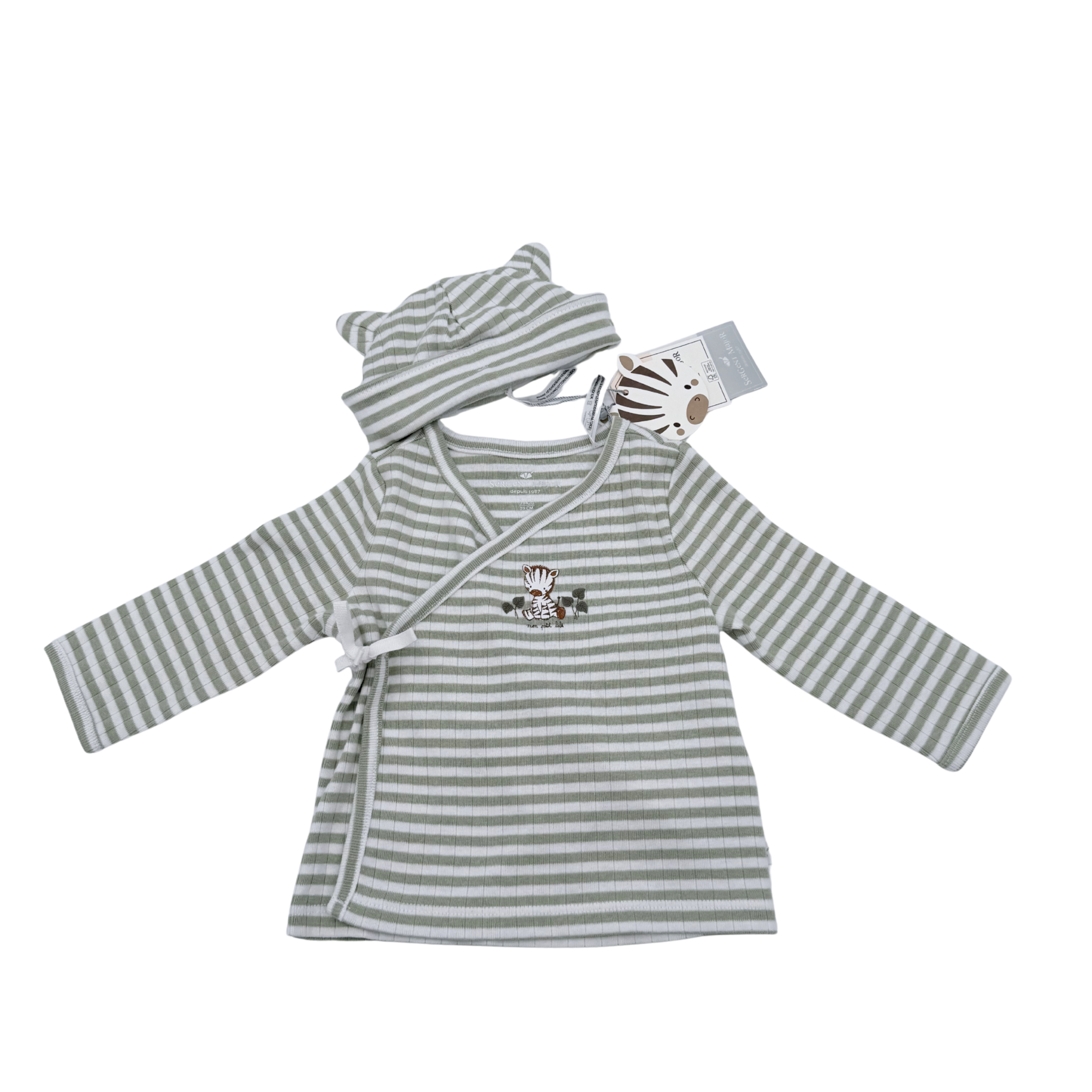 Ensemble naissance cache-cœur rayé & bonnet assorti — 3 mois