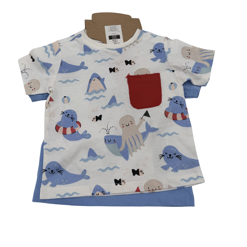 Lot de 2 t-shirts manches courtes bleu imprimé marin — 3 mois