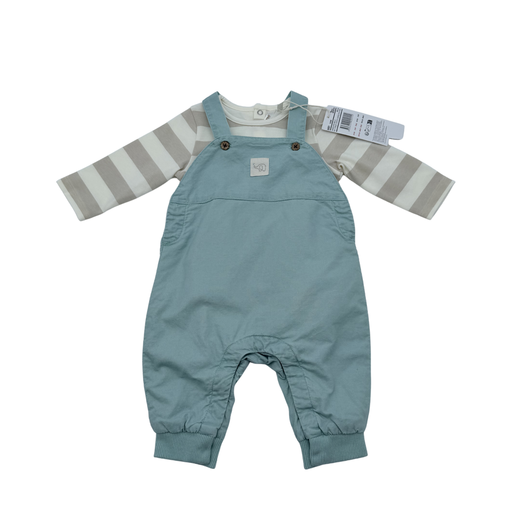 Ensemble salopette et t-shirt rayé vert d'eau - 3 mois