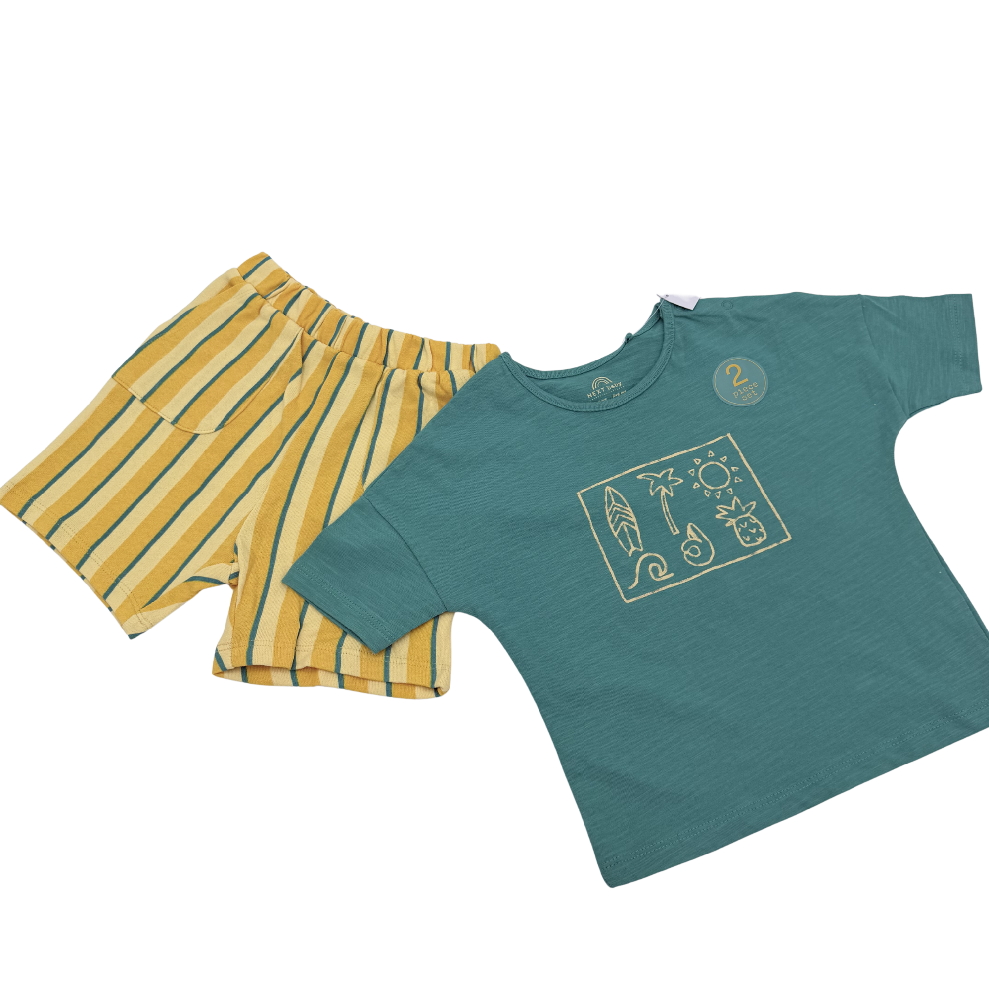 Ensemble bébé vert et short rayé jaune — 12-18 mois