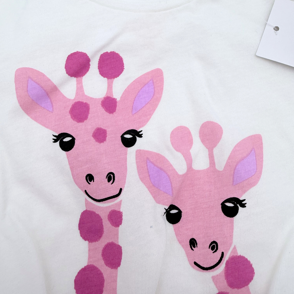 T-shirt bébé blanc girafes roses — 6-9 mois