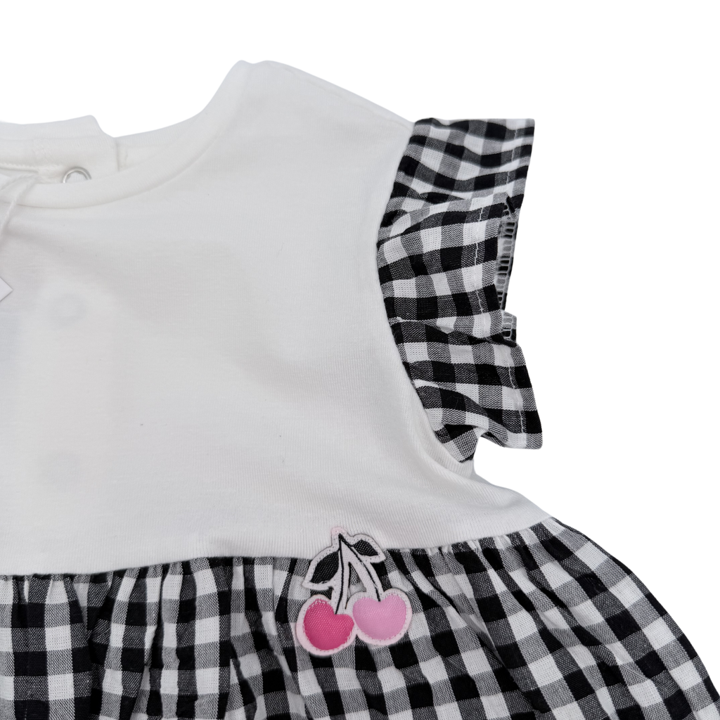 Robe vichy noir et blanc avec cerises roses — 9 mois