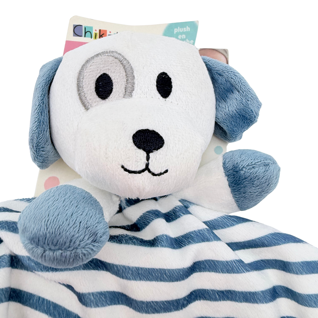 Doudou plat chien bleu et blanc à rayures