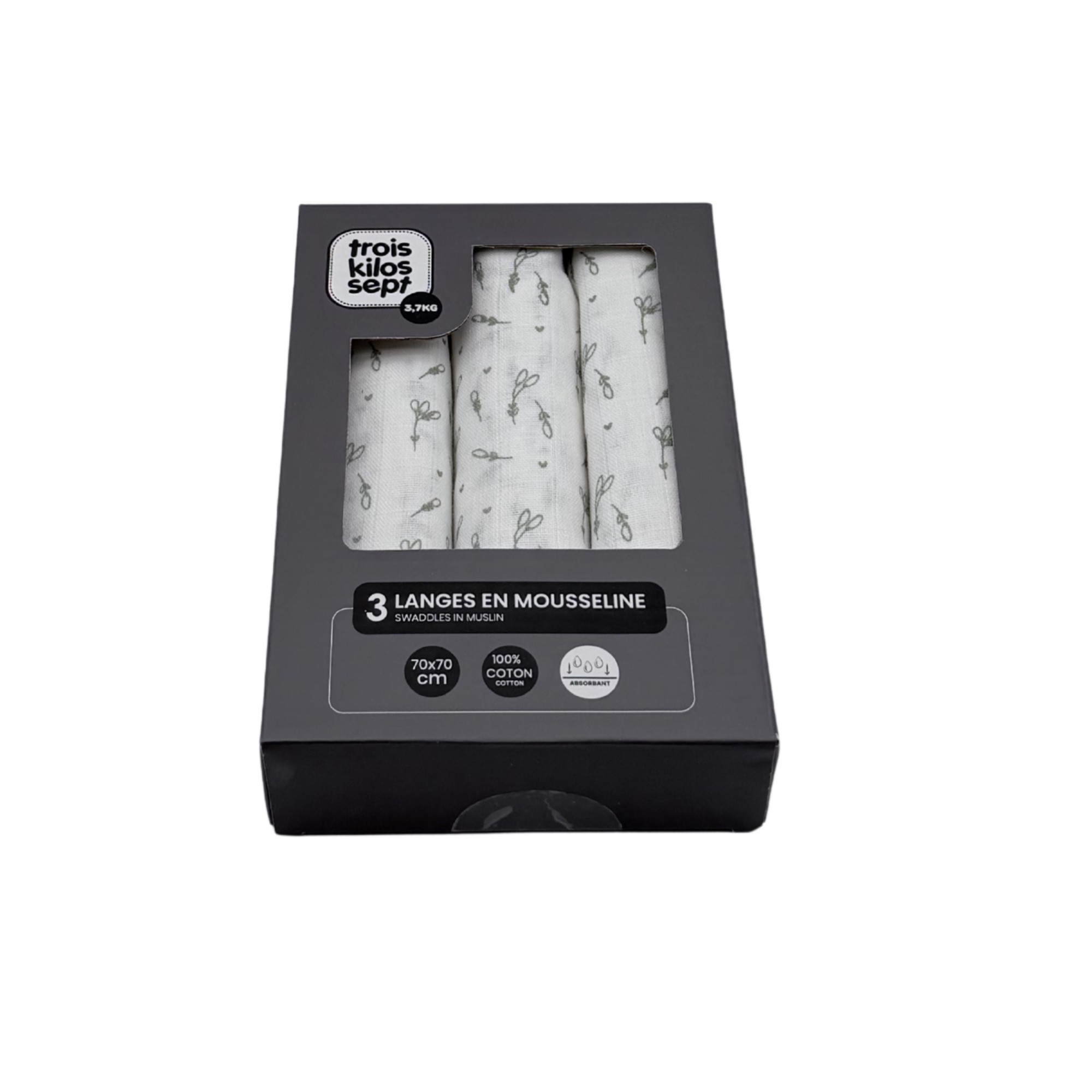 Lot de 3 langes en mousseline – 70 x 70 cm