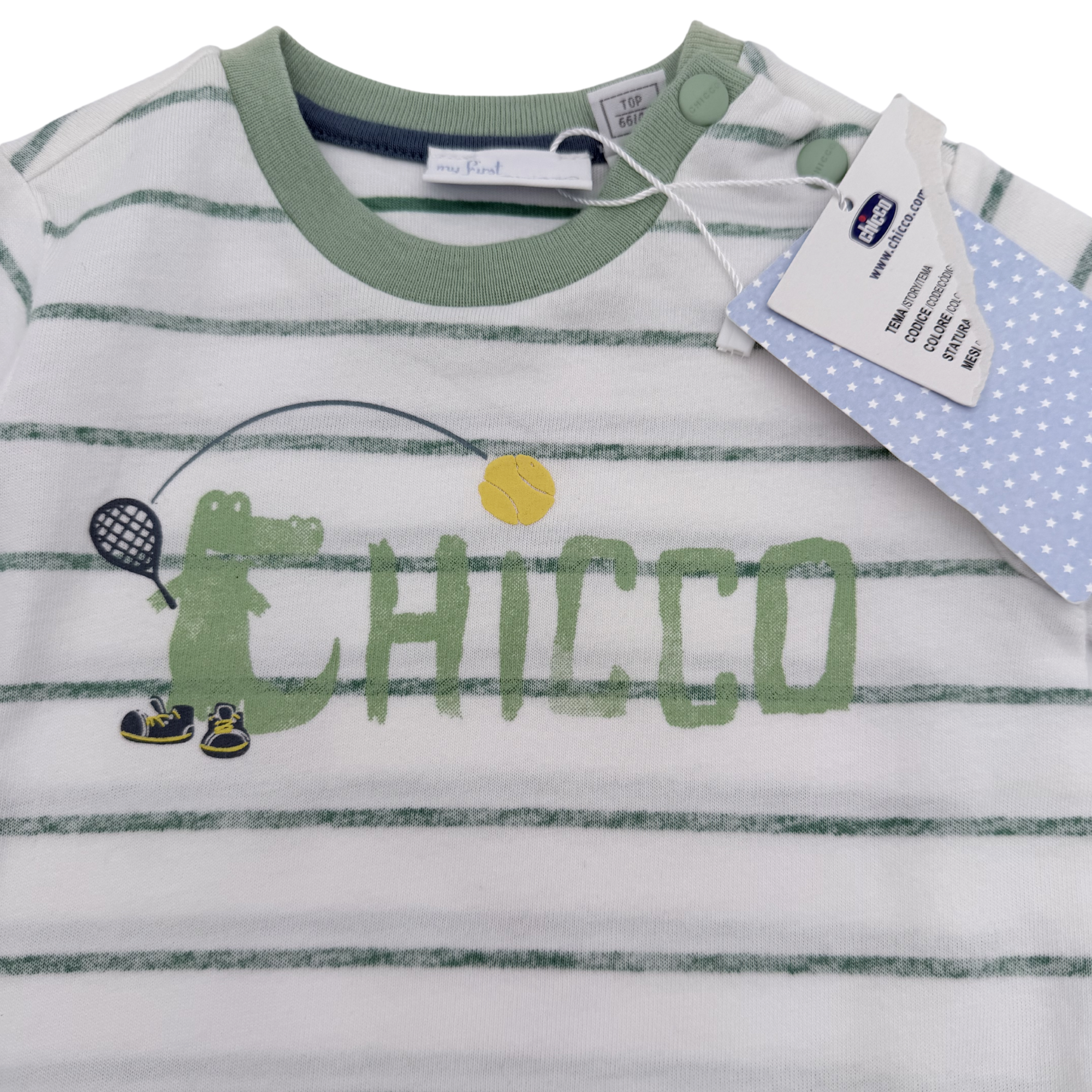 T-shirt manches courtes rayé blanc vert imprimé — 9 mois