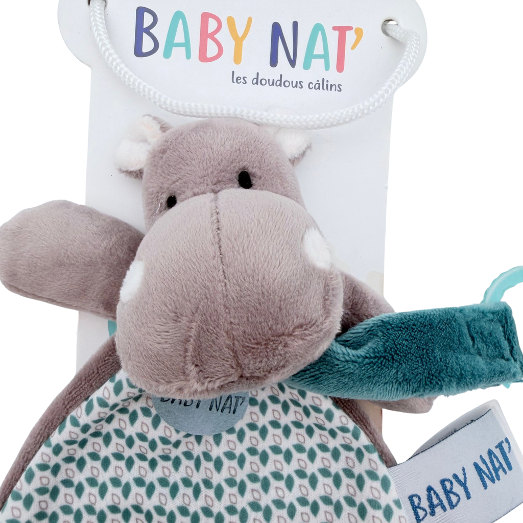 Doudou plat hippopotame avec attache-sucette