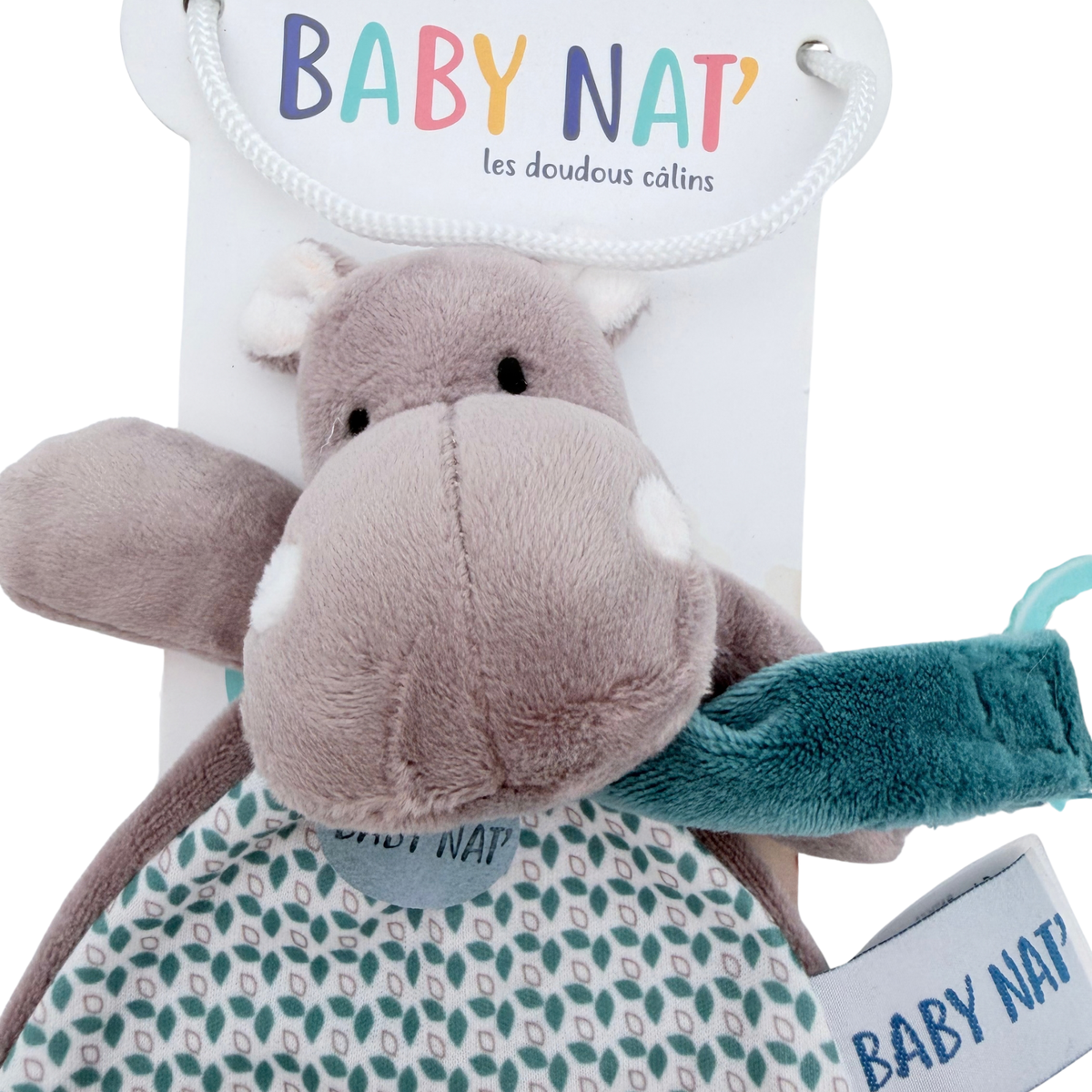 Doudou plat hippopotame avec attache-sucette