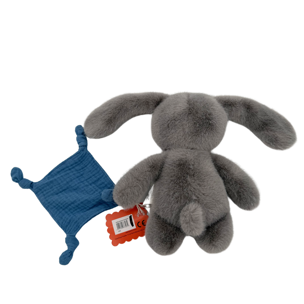 Peluche lapin gris et son doudou bleu