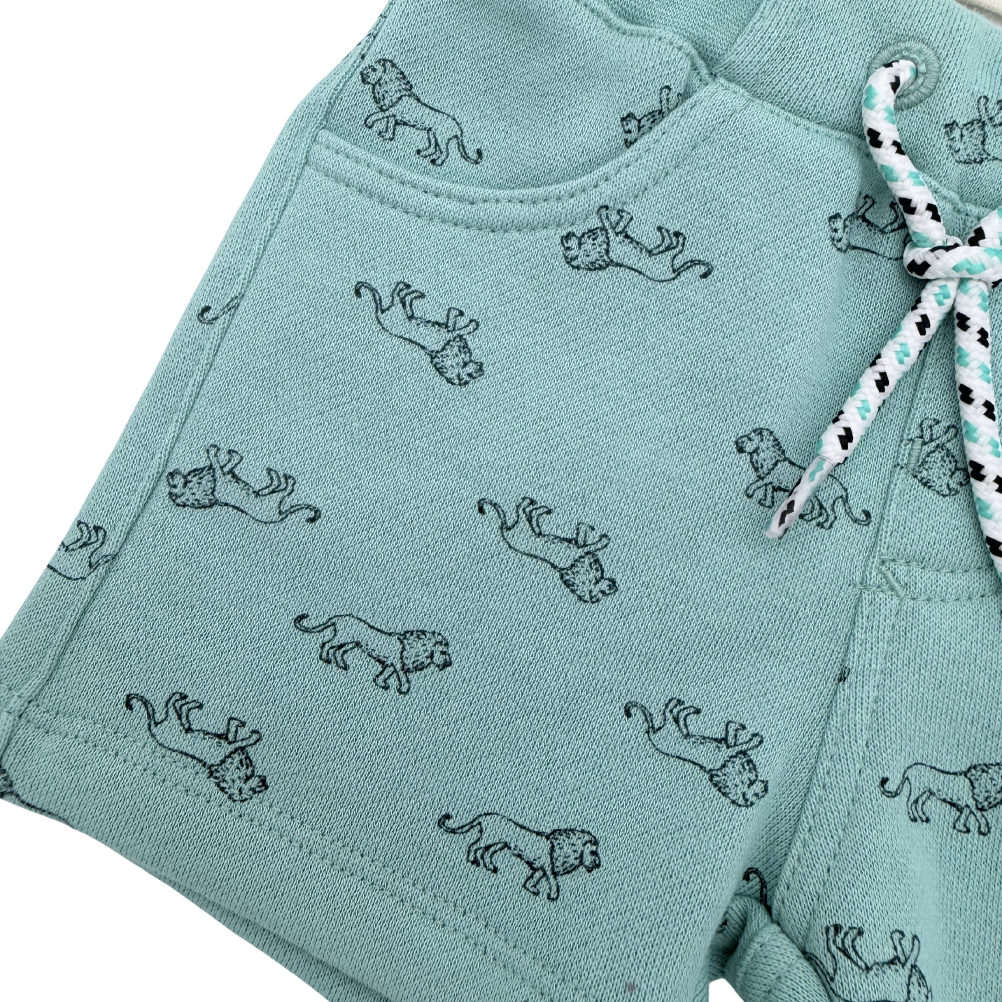 Ensemble t-shirt écru et short vert d’eau imprimé lions — 6 mois