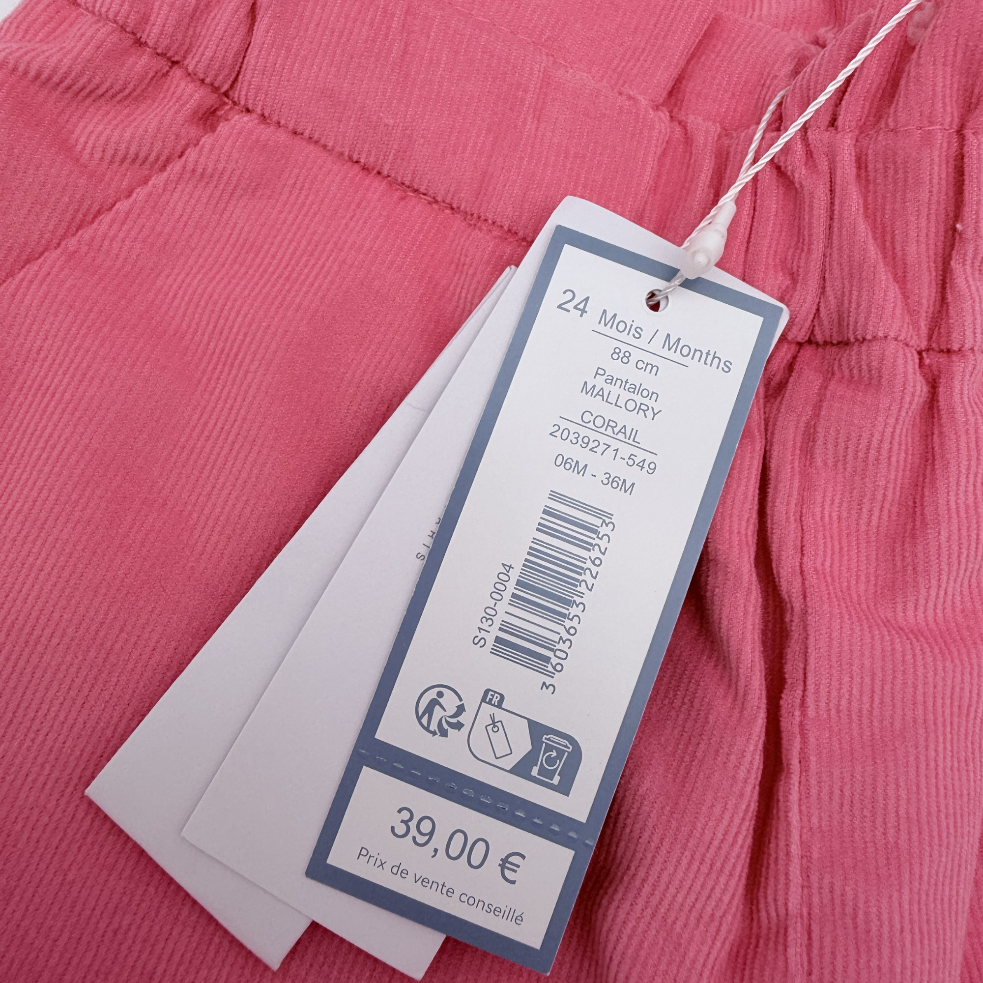 Pantalon velours rose — 24 mois