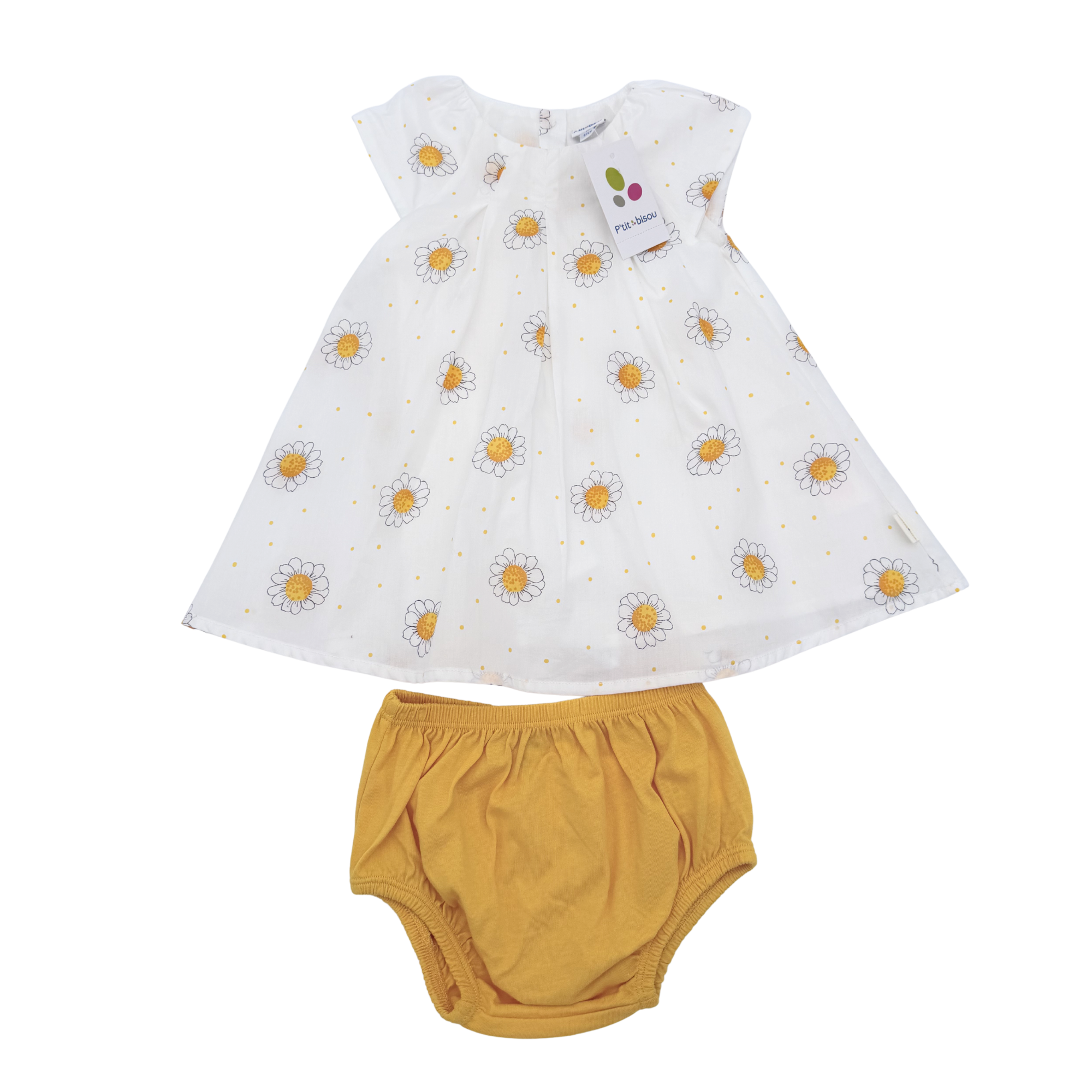 Robe blanche à marguerites avec bloomer moutarde — 6 mois