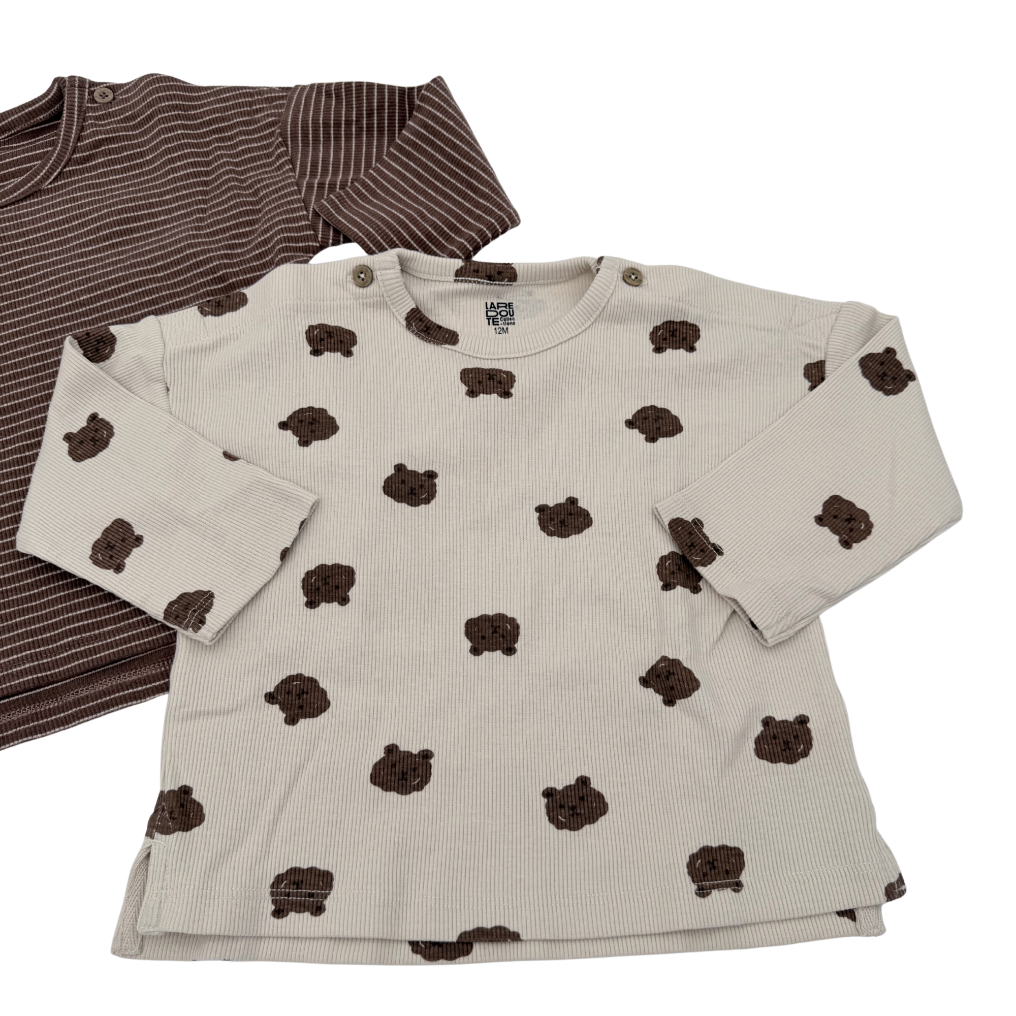 Lot de 2 t-shirts manches longues côtelés ours — 12 mois