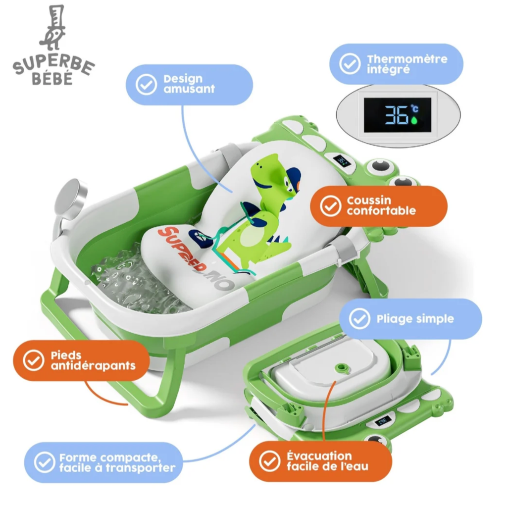 Baignoire bébé pliable Dino avec thermomètre et coussin inclus
