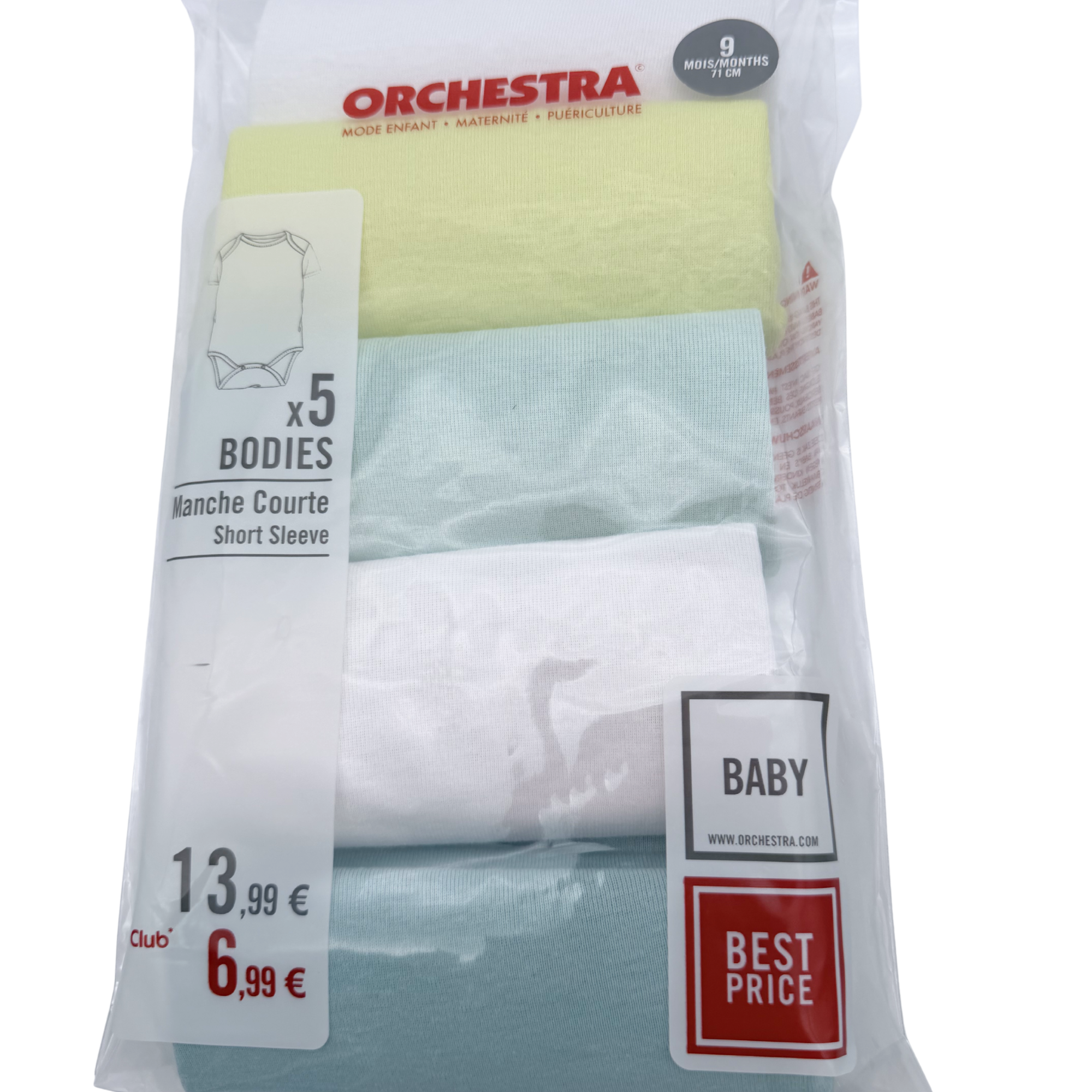 Lot de 5 bodies manches courtes vert d'eau et jaune - 9 mois