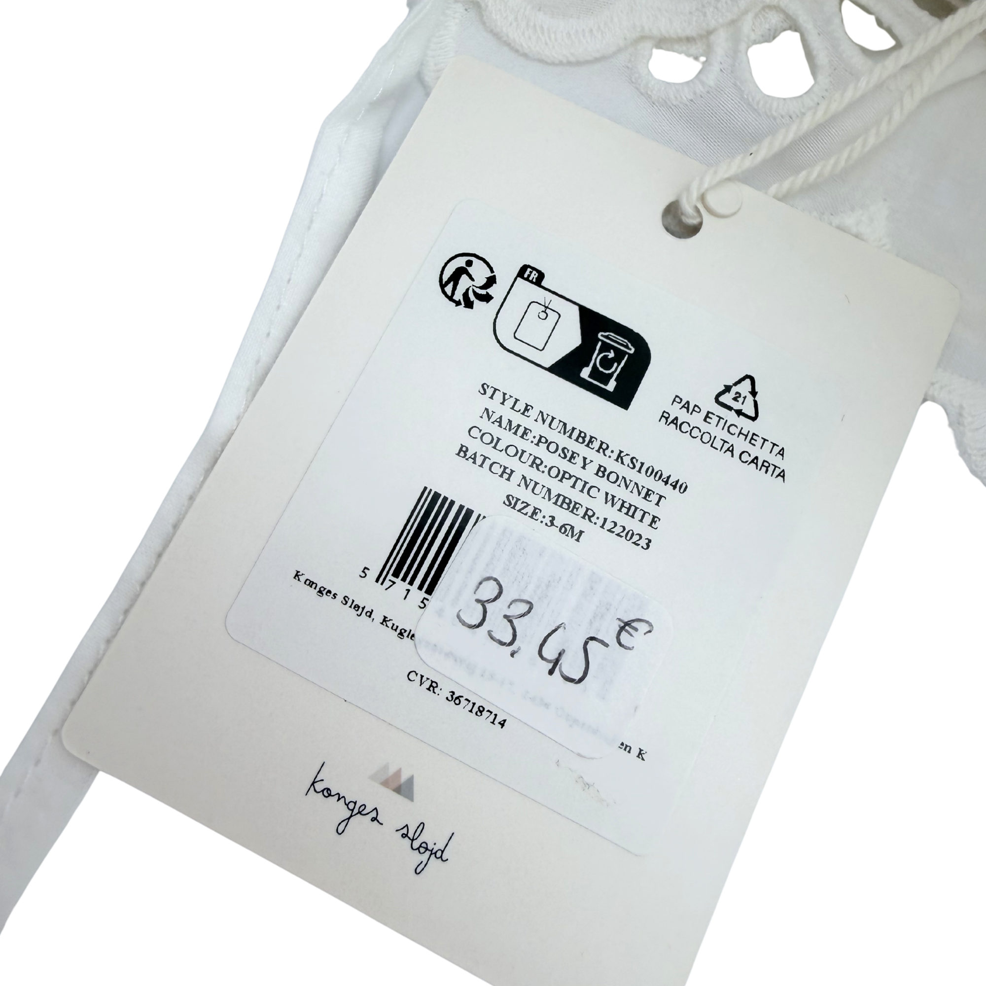 Chapeau bébé blanc brodé à nouer — 3-6 mois