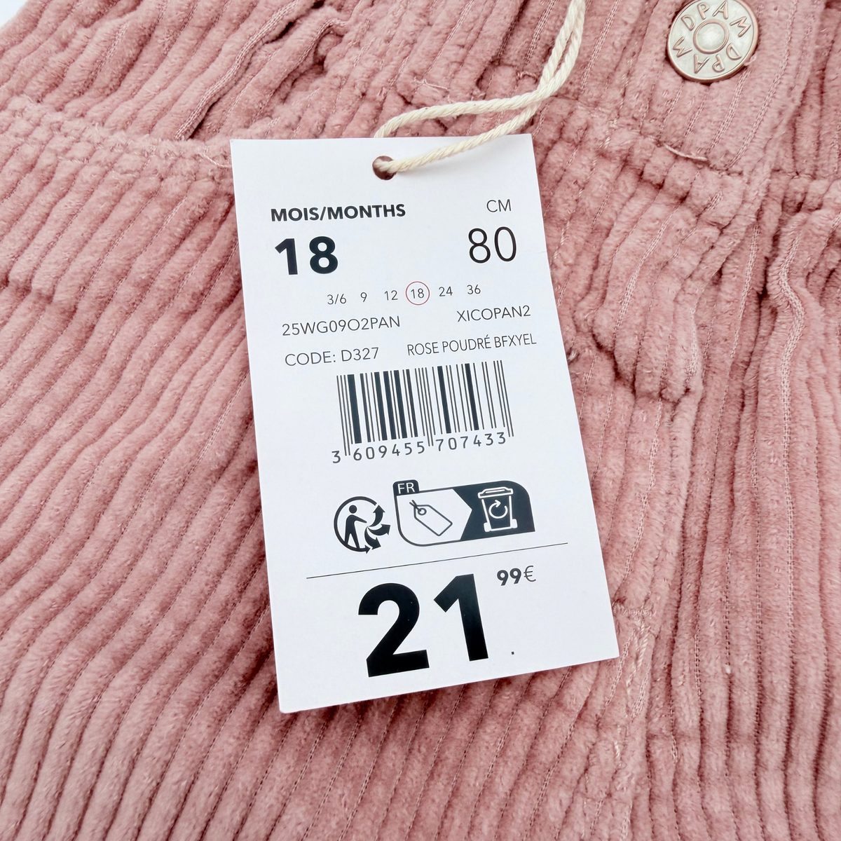 Pantalon rose en velours côtelé - 18 mois&nbsp;