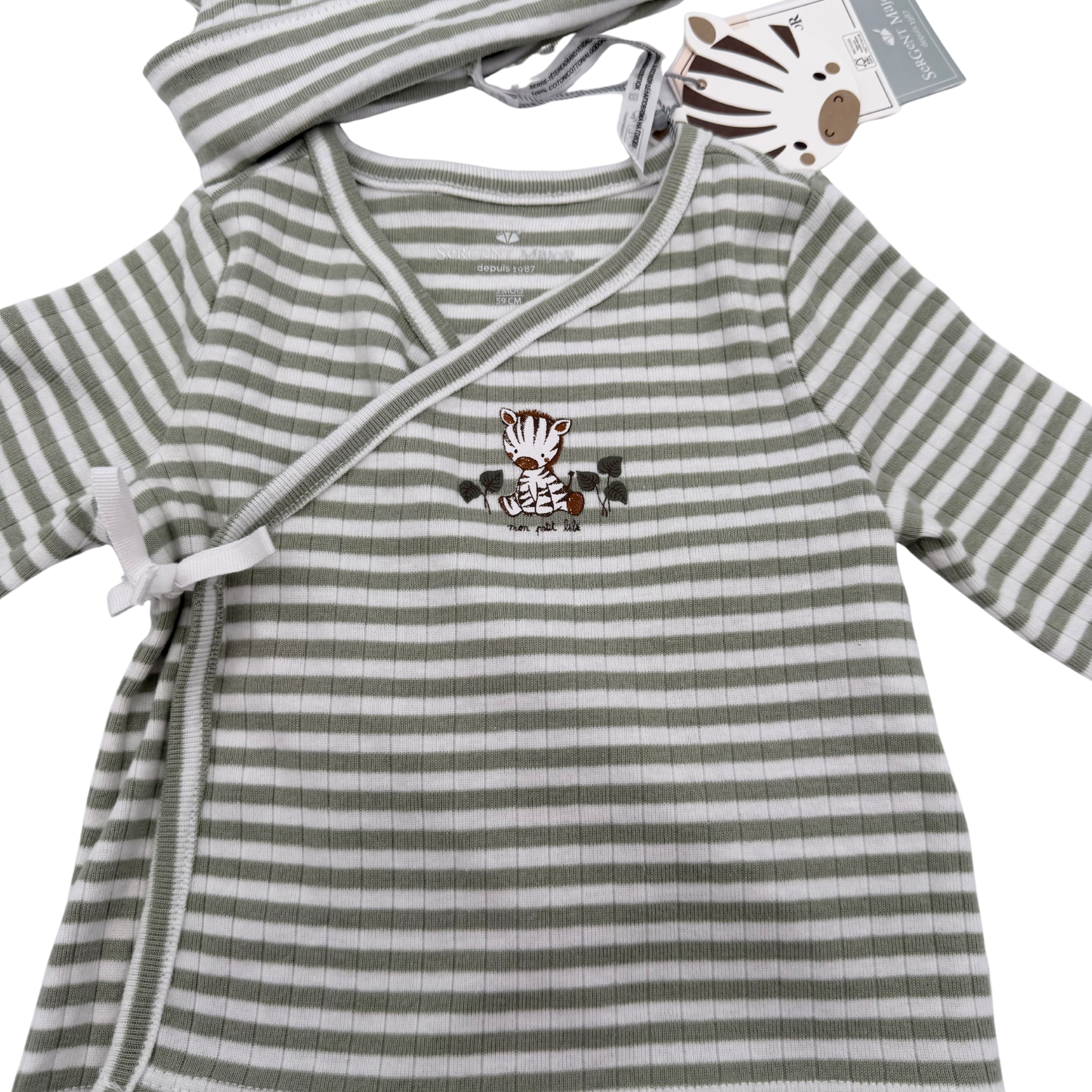 Ensemble naissance cache-cœur rayé & bonnet assorti — 3 mois
