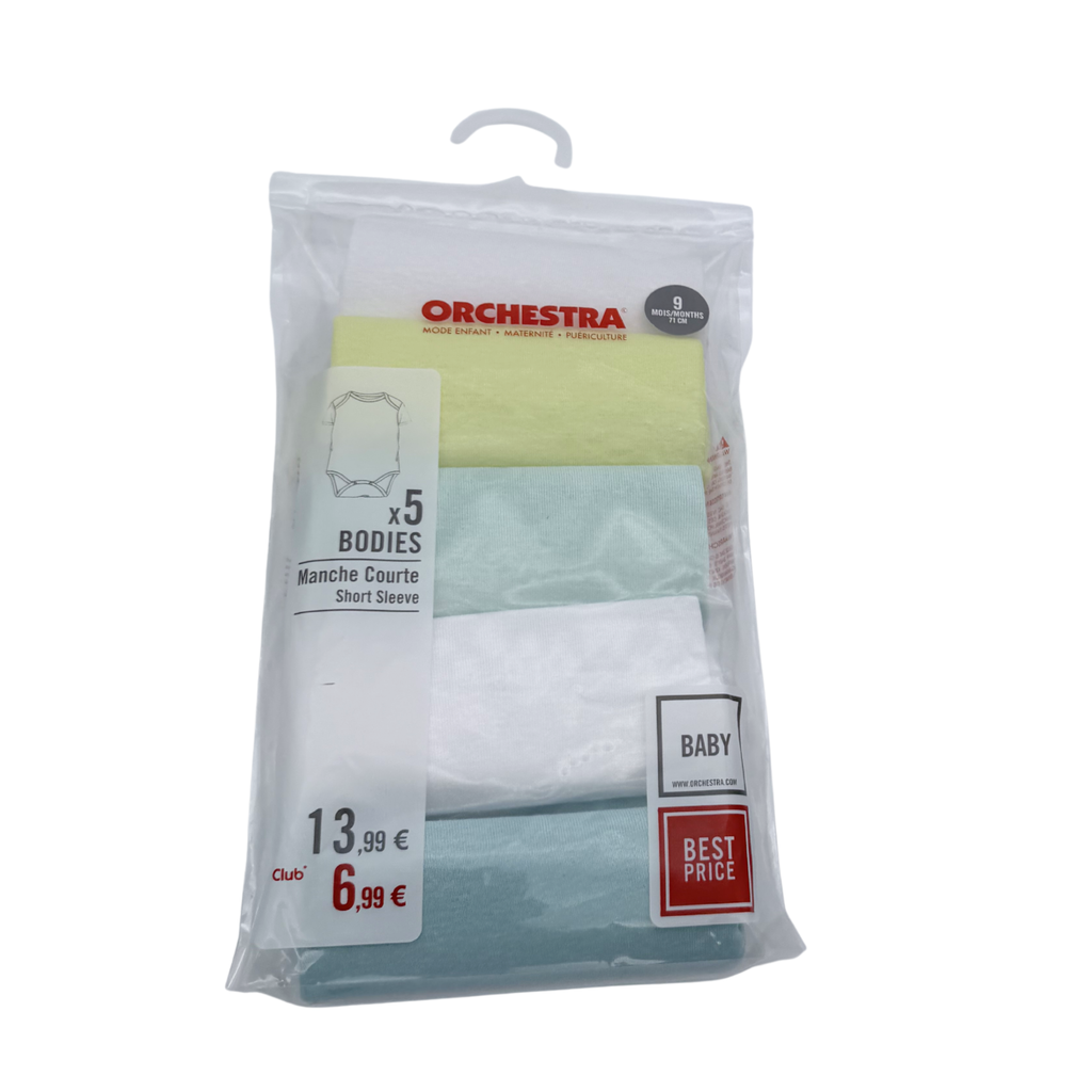 Lot de 5 bodies manches courtes vert d'eau et jaune - 9 mois