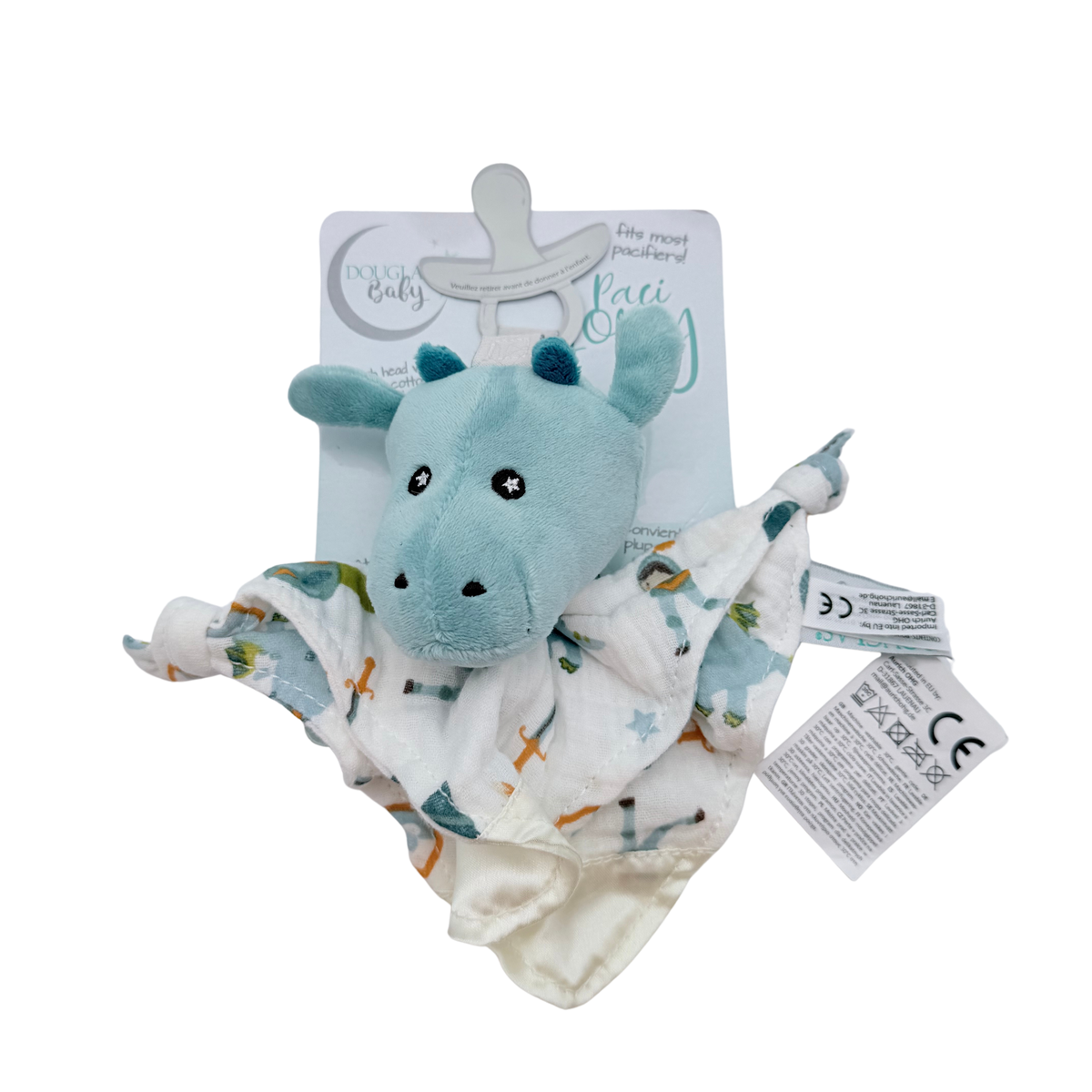 Doudou attache-sucette dinosaure bleu avec lange imprimé