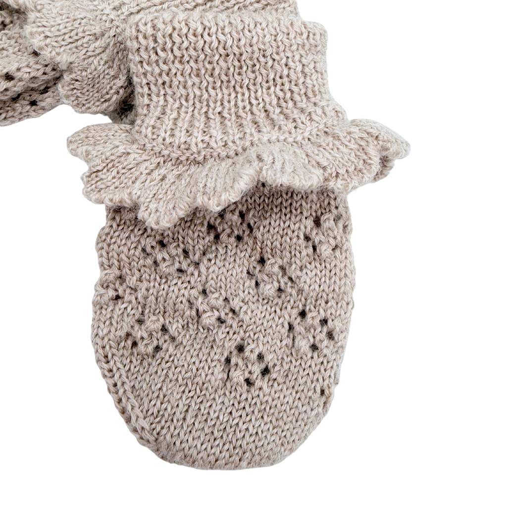 Moufles bébé beiges en maille ajourée à volants - 3-6 mois
