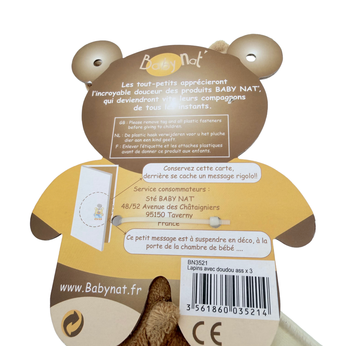Doudou lapin marron avec mouchoir écru