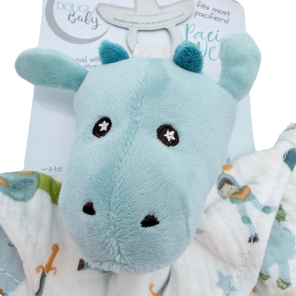 Doudou attache-sucette dinosaure bleu avec lange imprimé