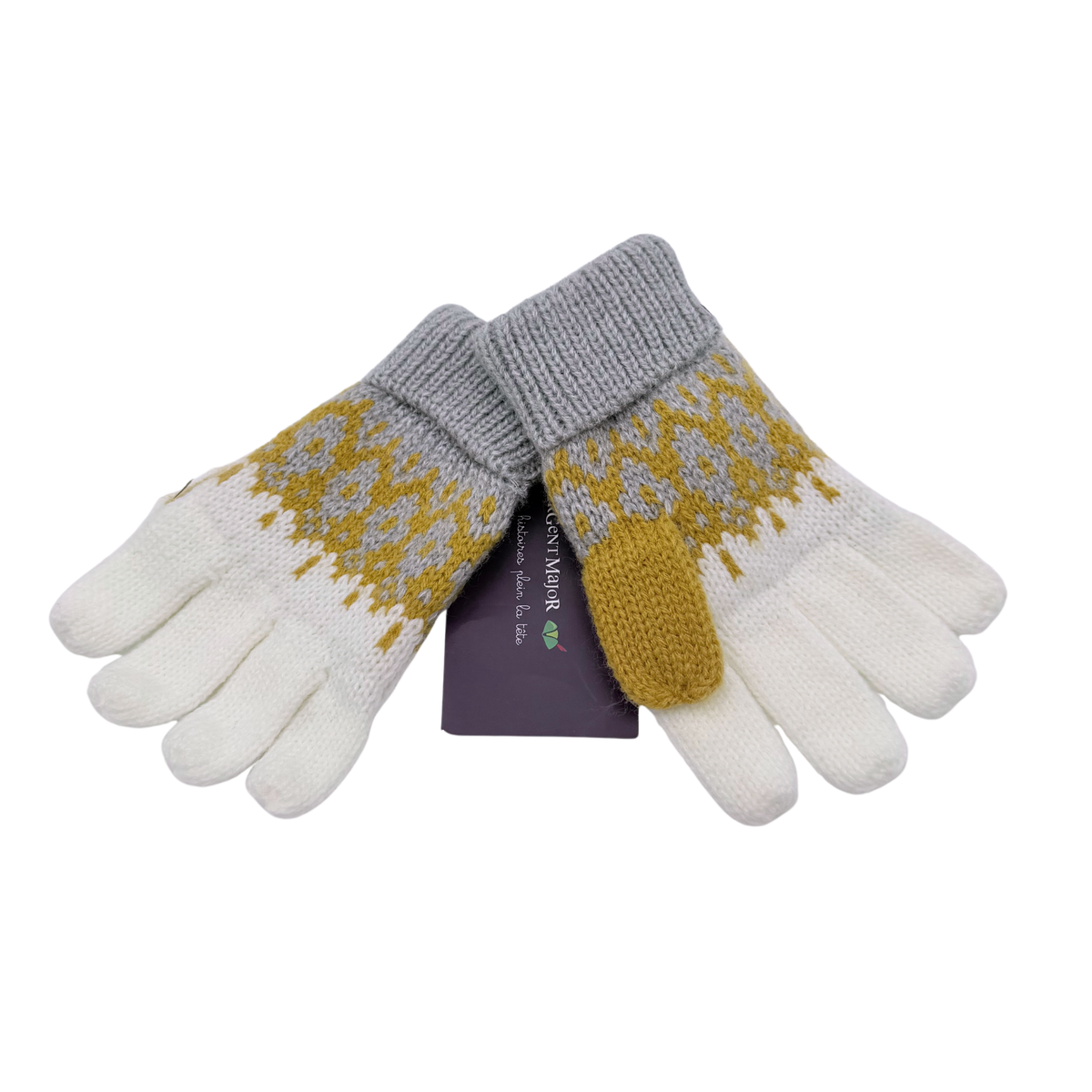 Gants enfant écrus à motifs jacquard moutarde - 2-3 ans
