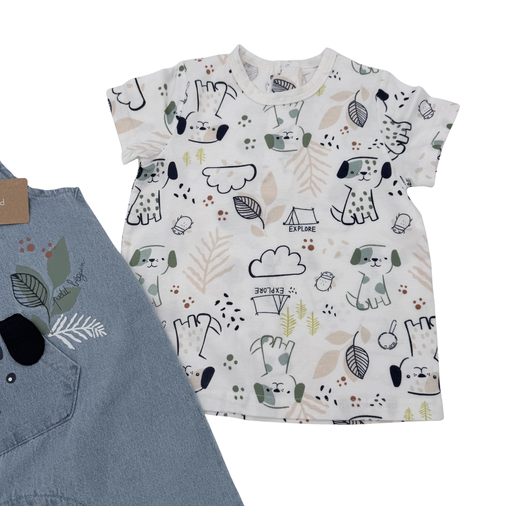 Ensemble salopette short & t-shirt imprimé chien — 9 mois