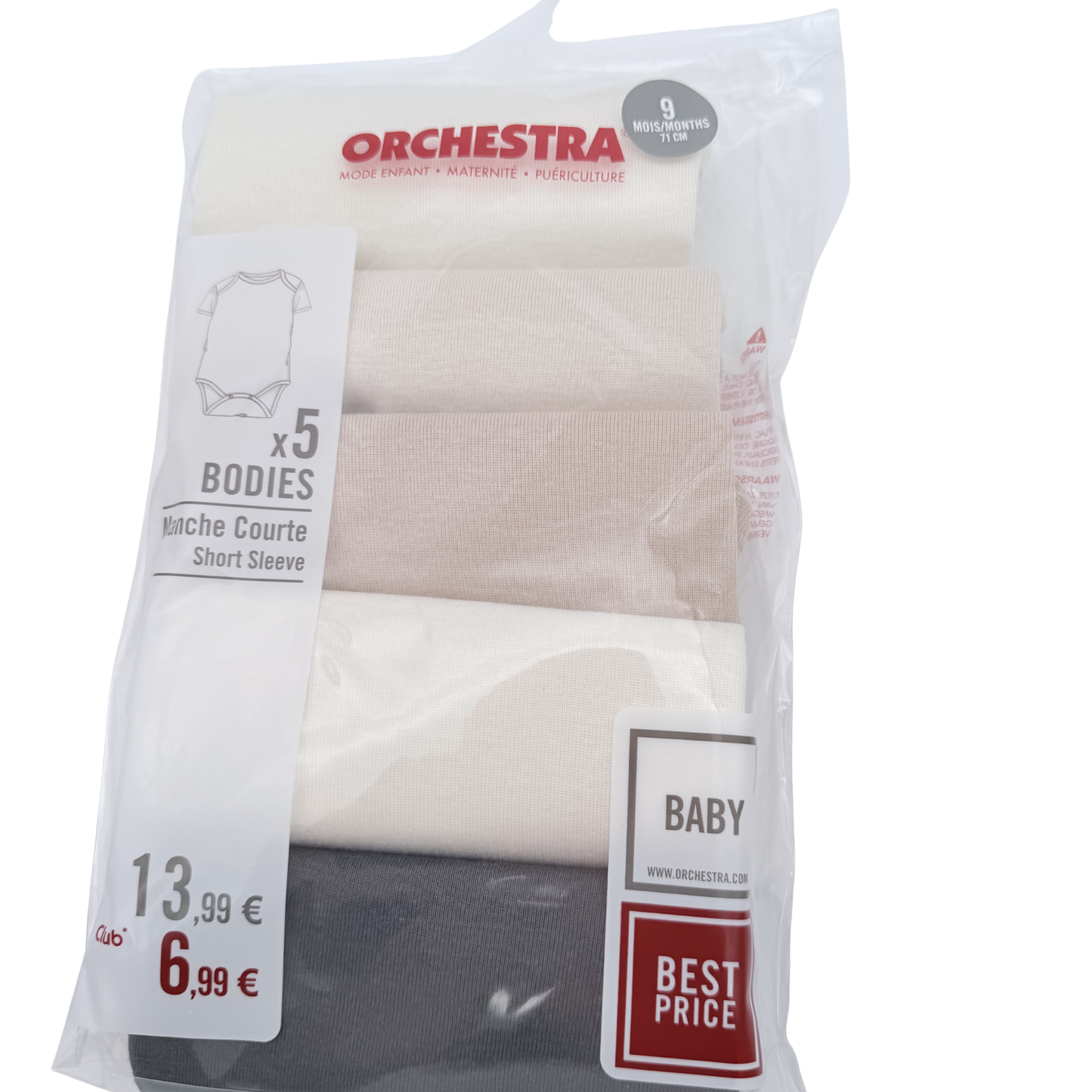 Lot de 5 bodies manches courtes écru et gris - 9 mois
