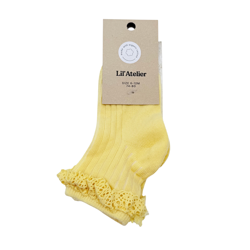 Chaussettes bébé jaunes en coton biologique à bordure dentelle - 6-12 mois