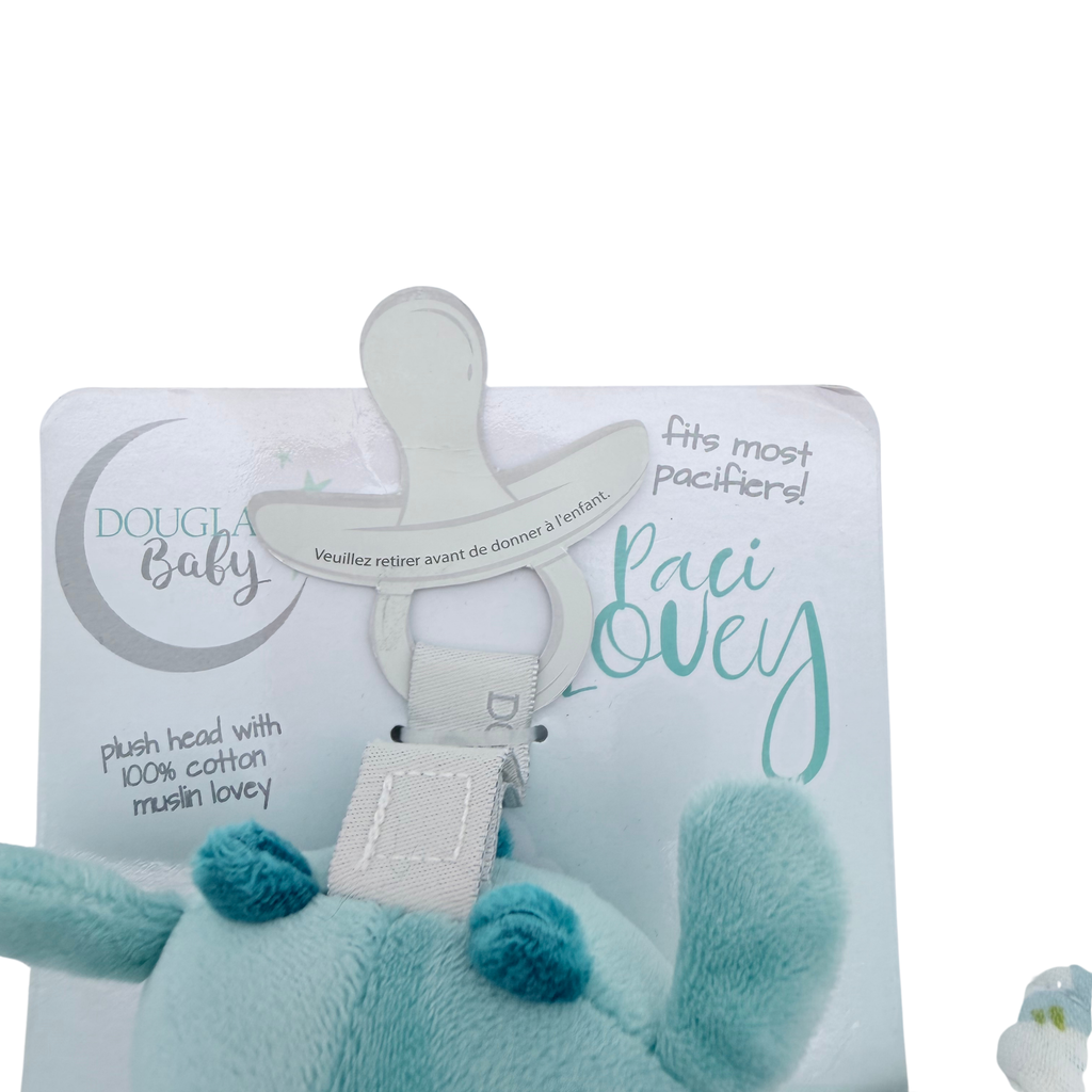 Doudou attache-sucette dinosaure bleu avec lange imprimé