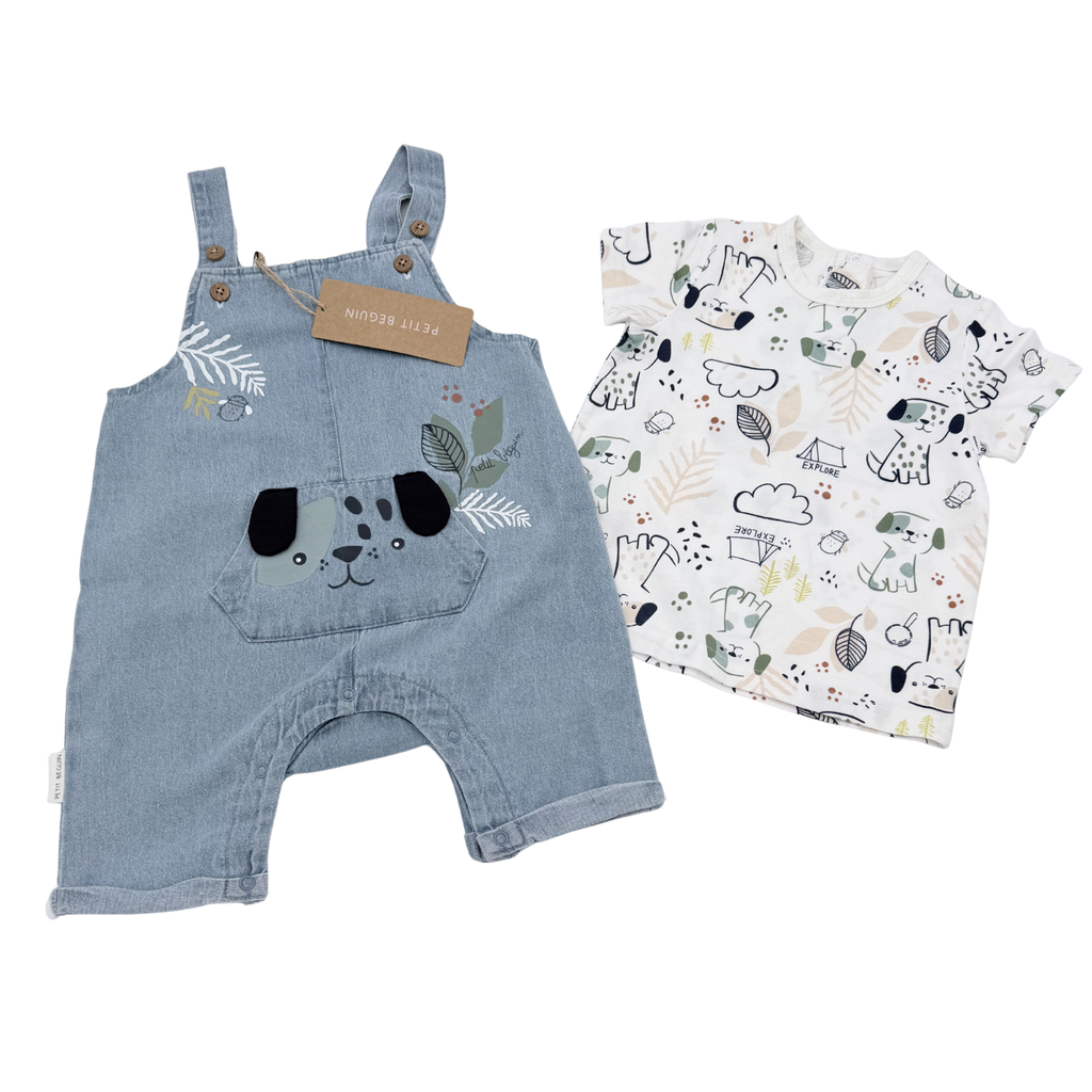 Ensemble salopette short & t-shirt imprimé chien — 9 mois