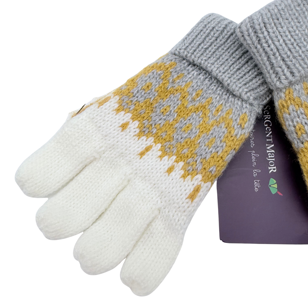 Gants enfant écrus à motifs jacquard moutarde - 2-3 ans