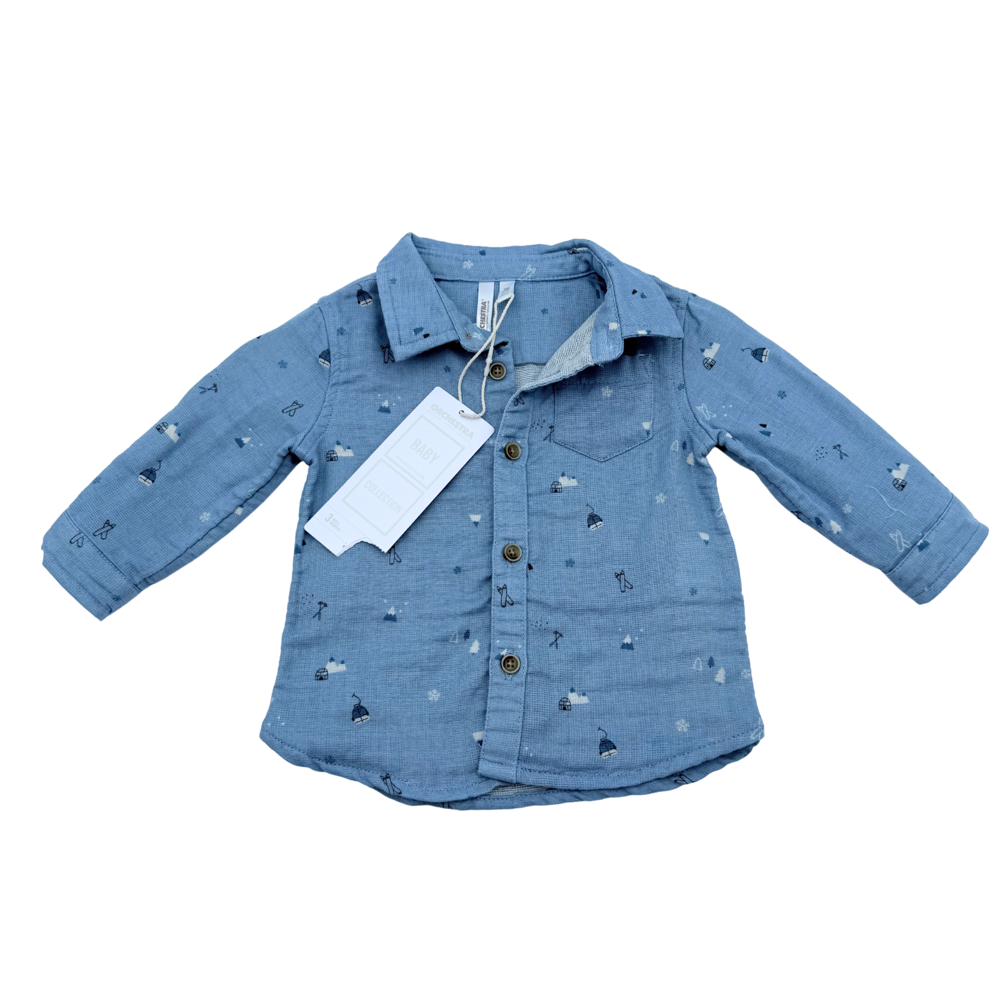 Chemise manches longues en double gaze bleu - 3 mois