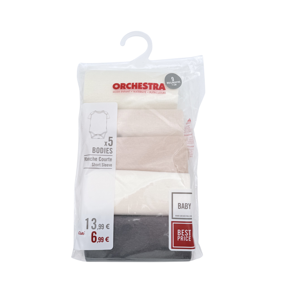 Lot de 5 bodies manches courtes écru et gris - 9 mois