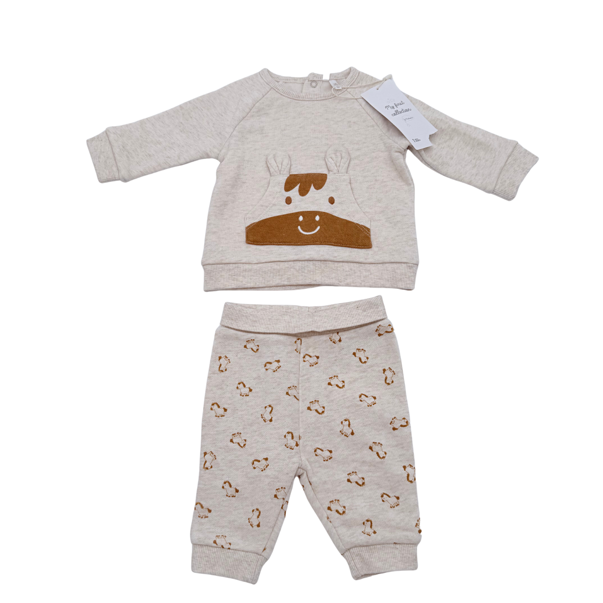 Ensemble bébé deux pièces en molleton écru motif cheval - 1 mois
