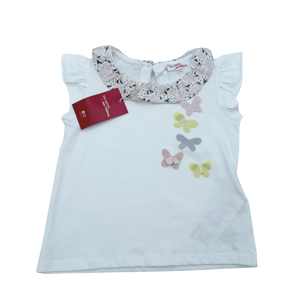 T-shirt blanc à col volanté et papillons — 24 mois